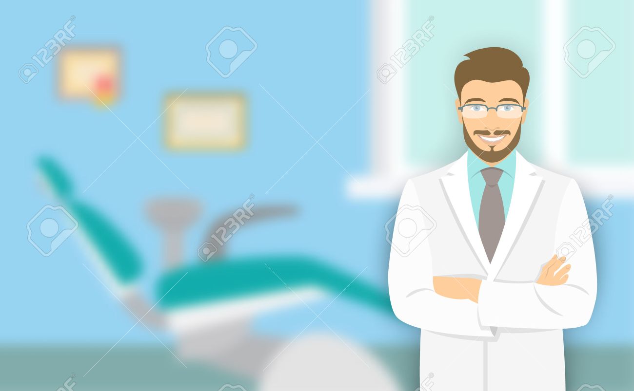49574778 young man dentist at the dental office vector flat illustration with a blurred background smiling fr - خدماتنا